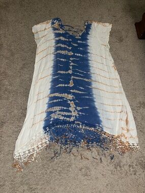 Women’s Blue & Cream Tie-Dye Swim Coverup with Fringe